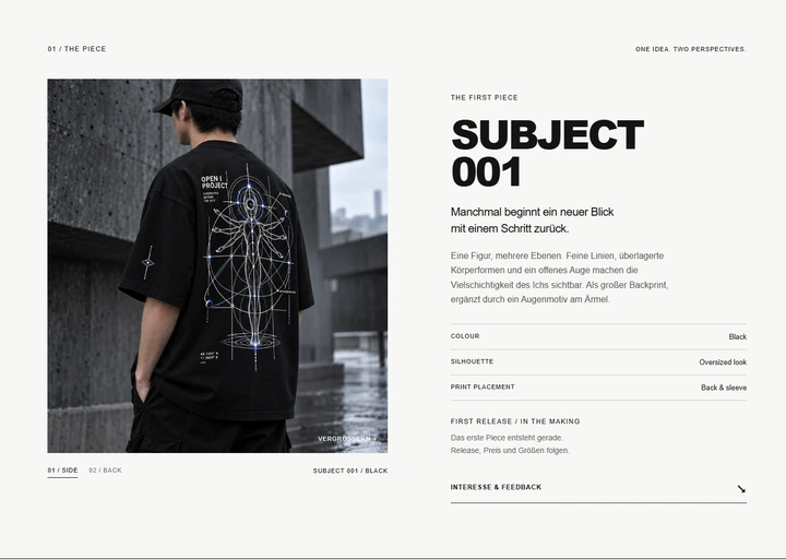 Echter Website-Screenshot von OPEN I PROJECT: SUBJECT 001 mit Shirt-Ansicht und Produktbeschreibung