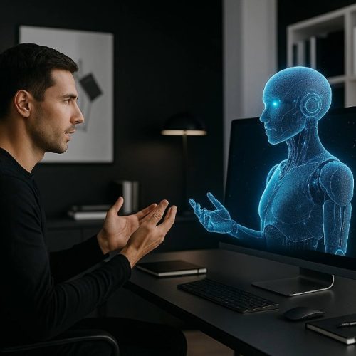 Mann sitzt im modernen Büro und spricht mit holografischem KI-Assistenten am Computer – Symbolbild für künstliche Intelligenz und digitale Zukunft.